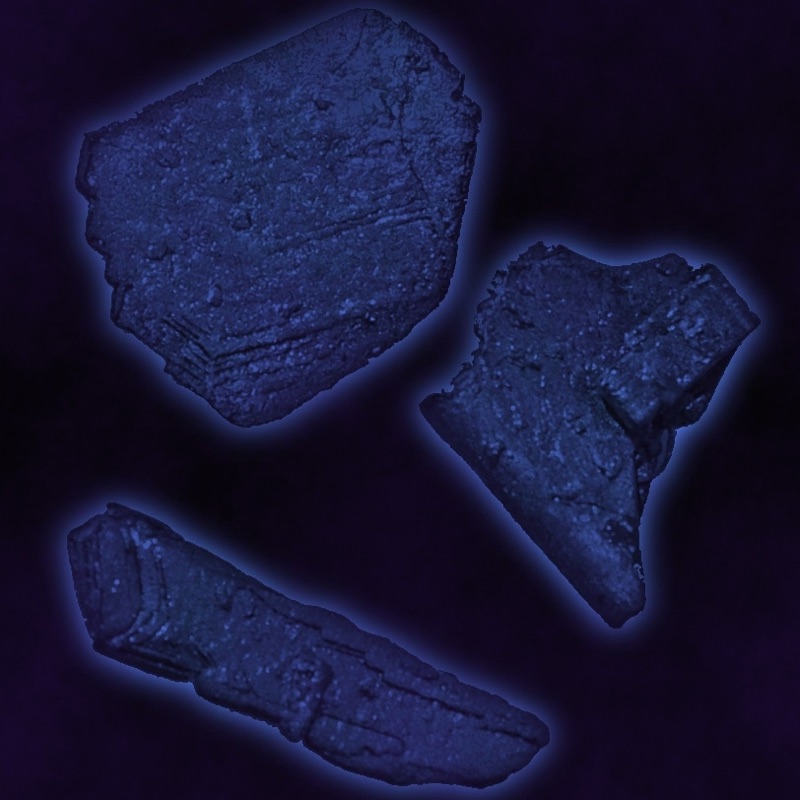 Astatine — This is only an illustration, not astatine itself. Crystals similar to iodine, but darker in color than these, which due to the extreme radioactivity glow blue and evaporate to dark purple gas