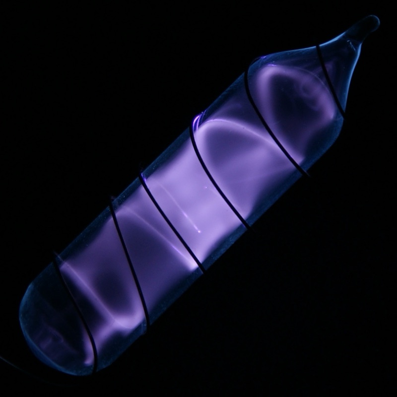 Hydrogen — Vial of glowing ultrapure hydrogen, H2. Original size in cm: 1 x 5
