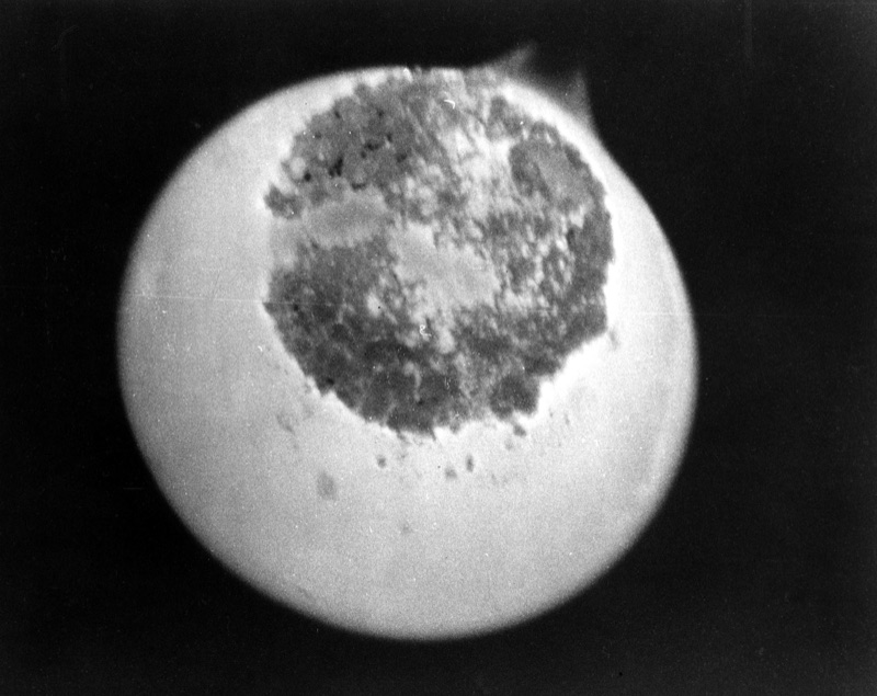 Protactinium — This sample of Protactinium-233 (dark circular area in the photo) was photographed in the light from its own radioactive emission (the lighter area) at the National Reactor Testing Station in Idaho.